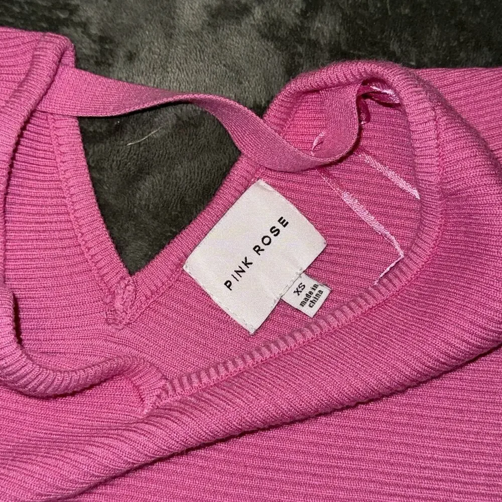 Pink Rose Cropped Sweater Women's XS Pink Long Sleeve Ribbed V-Neck Pullover